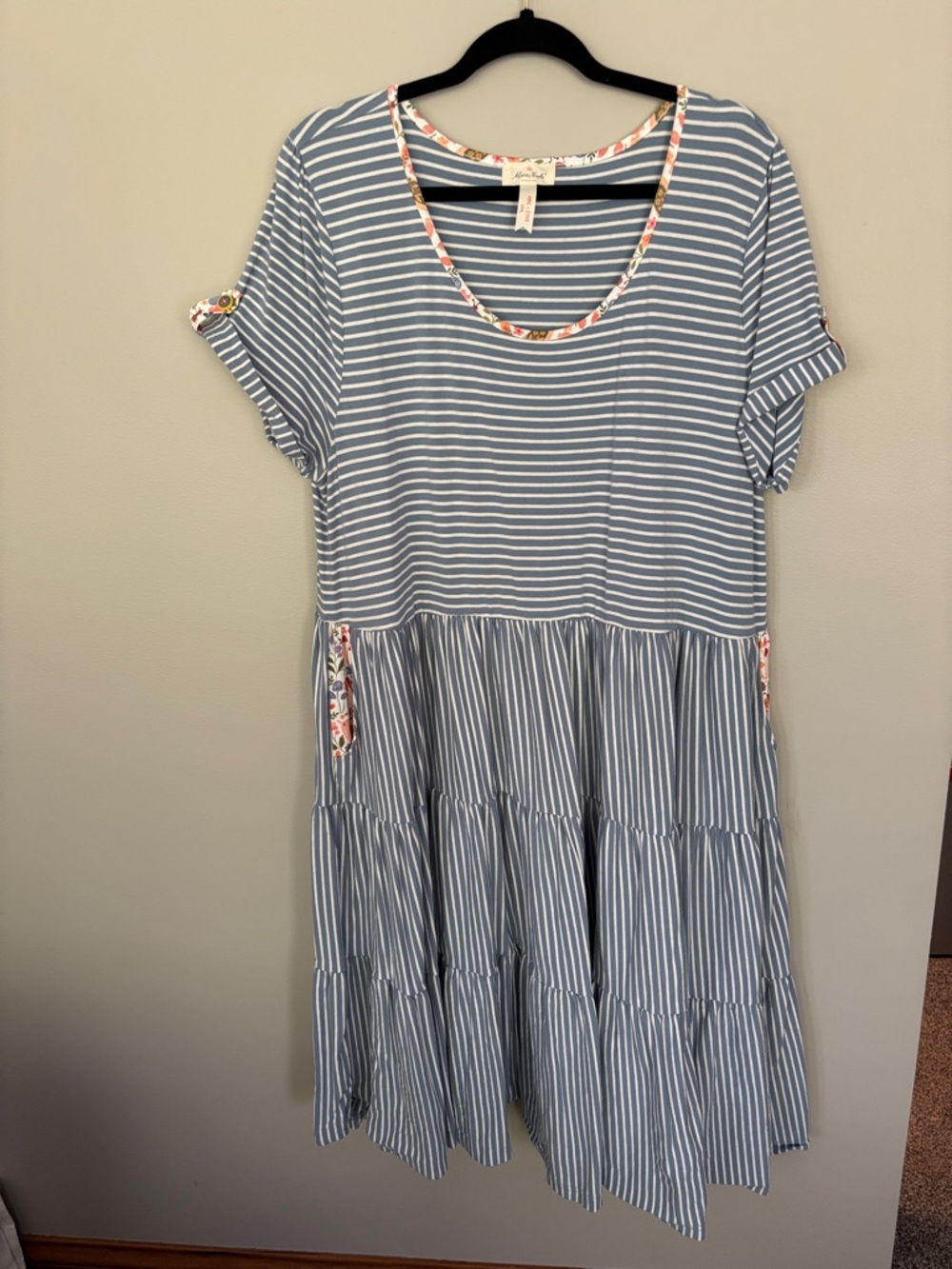 Striped Blue and White Midi Tiered Dress with Floral Trim